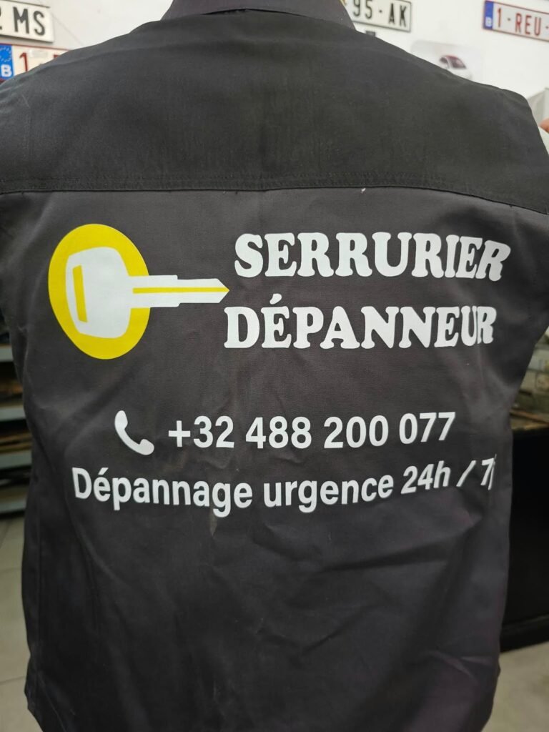Gros plan sur le gilet Serrurier Dépanneur avec numéro de téléphone et dépannage urgence 24h/7